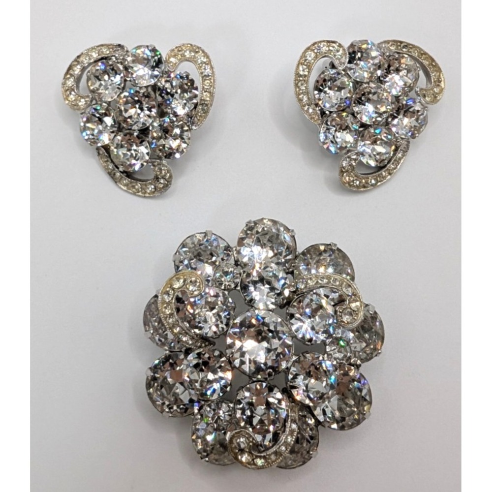 Vintage Weiss Brooch Earrings Clear Crystal Rhinestone Demi Parure Bridal Set
